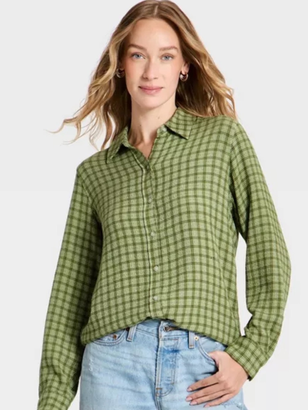 Universal Thread Olive and Cream Plaid Button-Up Shirt